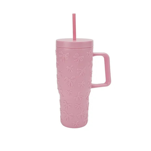 30 Ounce Pink Acrylic Double Wall Embossed Bows Tumbler with Straw and Handle, by Holiday Time | Walmart (US)
