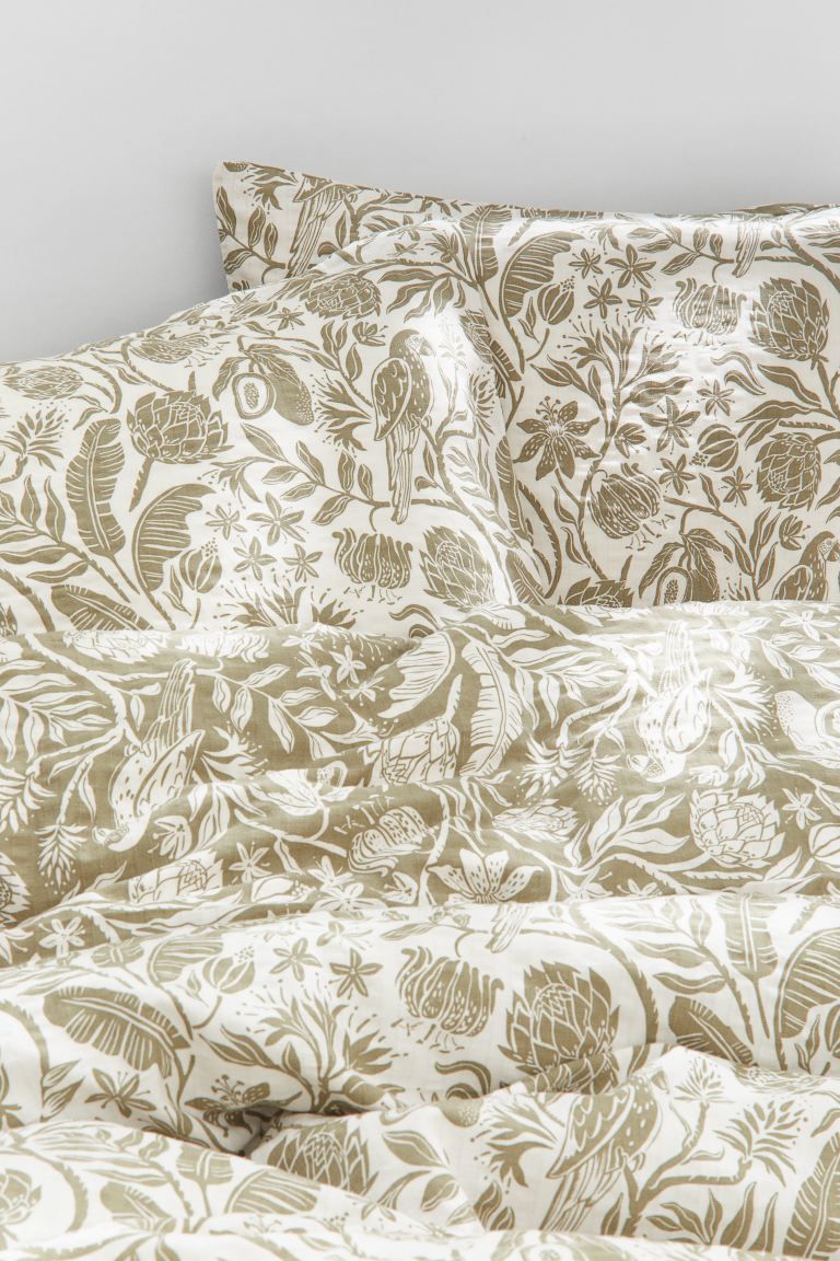 Patterned King/Queen Duvet Cover Set - Khaki green/floral - Home All | H&M US | H&M (US + CA)