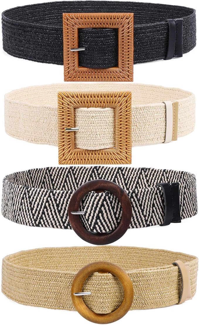 Set of 4 Straw Woven Elastic Stretch Waist Belts for Women, Fashion Boho Ladies Braided Skinny Dr... | Amazon (US)
