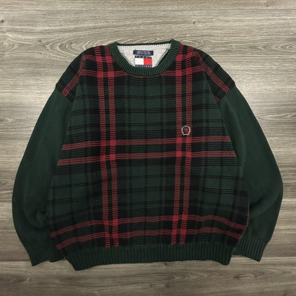 Vintage Tommy Hilfiger Sweater Mens XL Green Red Tartan Plaid Crest Crewneck 90s | eBay US
