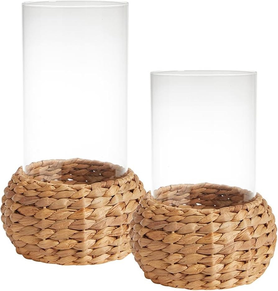 47th & Main Glass Hurricane Candle Holder Woven Pillar Candleholder, Set of 2, Seagrass | Amazon (US)