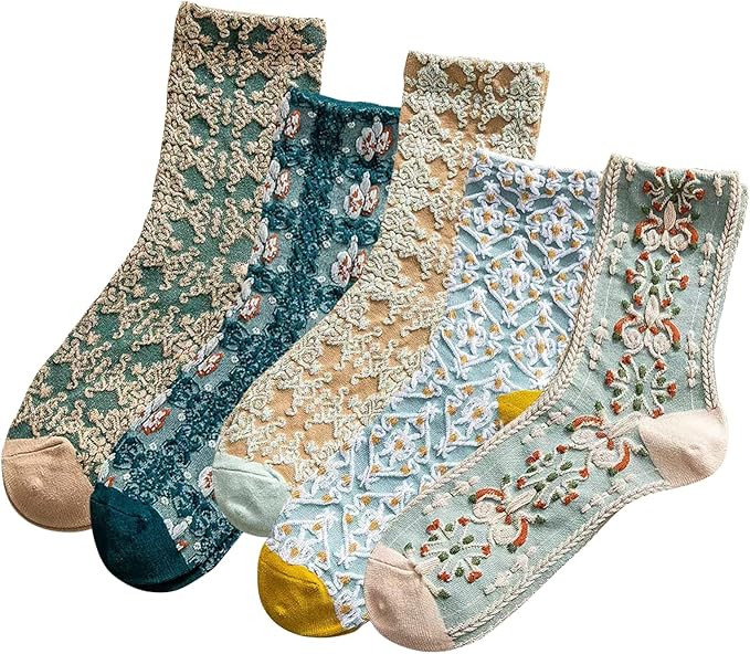 5 Pack Cute Womens Floral Socks, Vintage Embroidered Frilly Floral Socks, Kawaii Girly Ankle Cott... | Amazon (US)