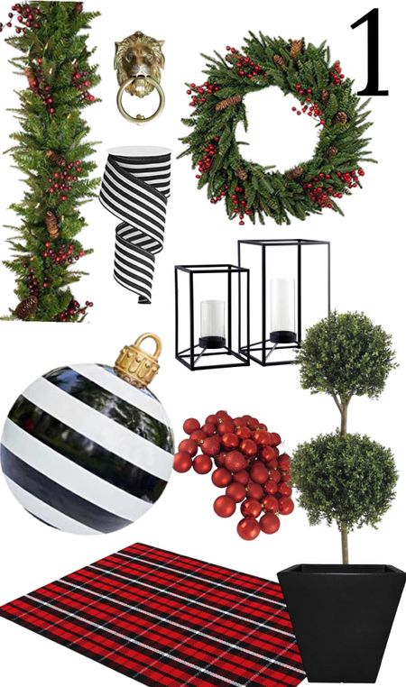 Black and white traditional Christmas front door decor, holiday decorations, wreath, garland, topiary

#LTKSeasonal #LTKhome #LTKHoliday