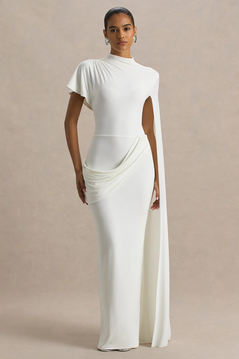 Tropic | White High-Neck Maxi With Long Cape Sleeve | Club L London