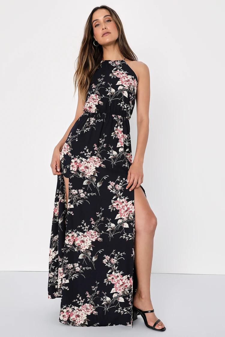 Feel the Music Midnight Blue Floral Print Maxi Dress | Lulus