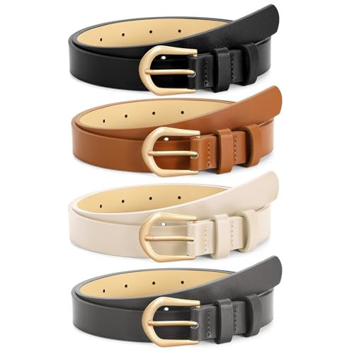 VONMELLI 4 Pack Womens Thin Leather Belt Skinny Waist Belts for Women Fashion Jeans Dress with Gold Buckle, Black Brown Beige Grey, M | Amazon (US)