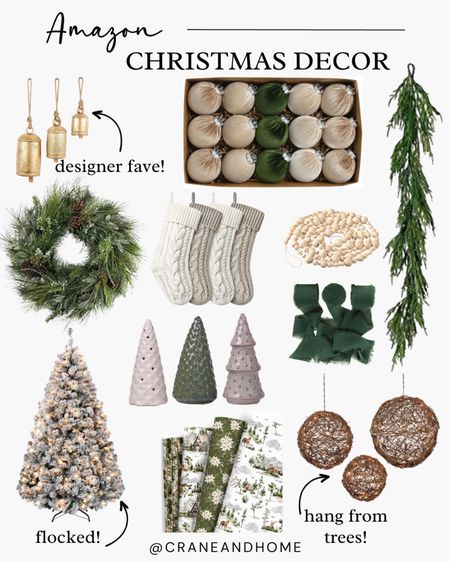 Amazon Christmas Home Decor, Flocked Christmas Tree, real Touch Garland, stockings, wrapping paper, evergreen wreath, ribbon, velvet ornaments, brass bells, neutral Christmas decor, designer, luxury

#LTKHoliday #LTKSeasonal #LTKhome