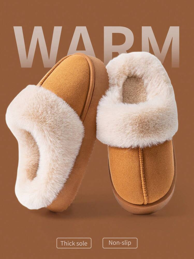 Women's Plush Lined Thick Sole Warm Slippers For Indoor Home Use, Winter New Arrival | SHEIN