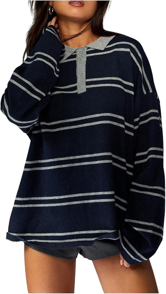 Milumia Women's Striped Sweater Shirts Long Sleeve Rugby Collared Oversized Pullover Tops Y2K Jum... | Amazon (US)