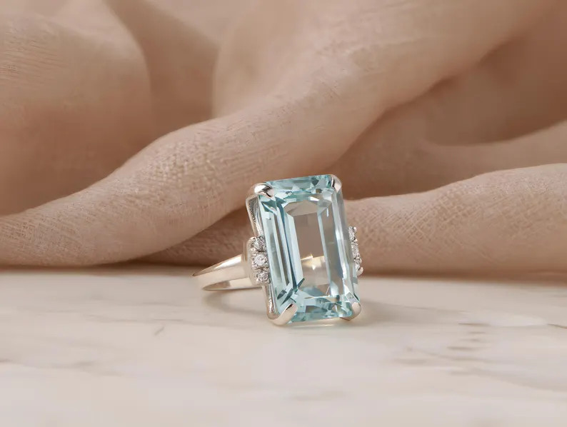 Emerald Cut Aquamarine Blue Ring - Etsy | Etsy (Global)