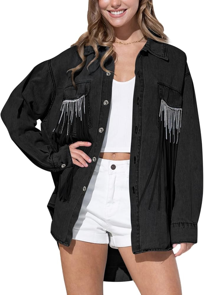 Paintcolors Women's Fringe Oversized Denim Jacket Boyfriend Tassel Long Sleeve Distressed Jean Ja... | Amazon (CA)