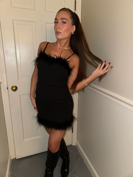 Fuzzy fur trimmed hem black dress. Party style. Party outfit. All black outfit, night out style inspiration. Holiday festive style. Ariana grande outfit inspiration. Ariana grande party look. Amazon fashion 

#LTKparties #LTKSeasonal #LTKfindsunder50