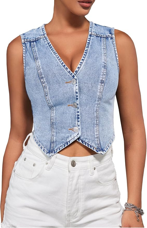 SHENHE Women's Button Down Denim Vest V Neck Cropped Jean Vest Top Y2K Sleeveless Jean Jacket | Amazon (US)