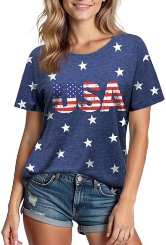 XLIEVO 4th of July Shirts Women:USA Star American Flag Crew Neck Short Sleeves Tee Patriotic T-Sh... | Amazon (US)