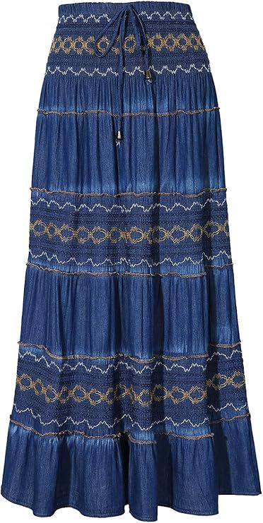 DREFBUFY Maxi Skirt, Womens High Waist Tiered Long Skirts Denim Elastic Casual Midi Dress | Amazon (US)