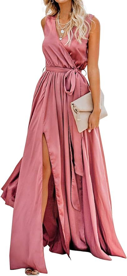 CUPSHE Women's Wrap Slit Hem Satin V Neck Sleeveless Maxi Dress | Amazon (US)