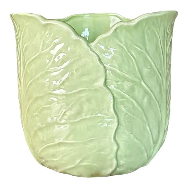 Vintage Large Celery Green Cabbage Leaf Cachepot / Jardiniere / Planter | Chairish