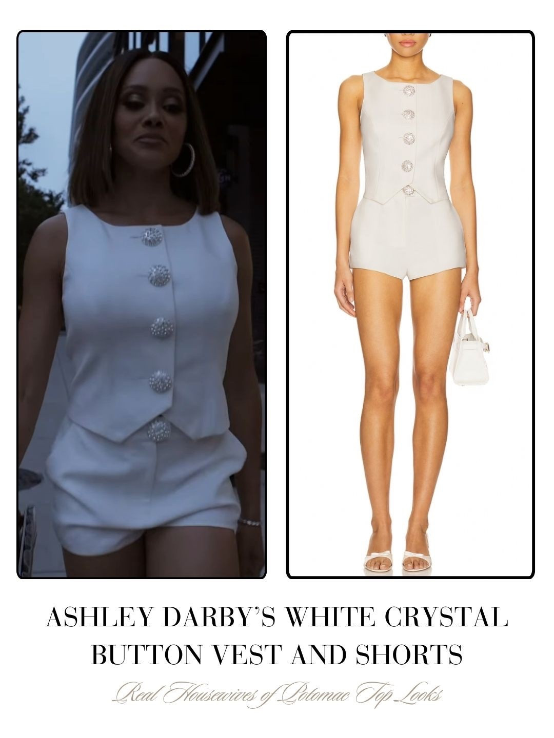 Ashley Darby’s White Crystal Button Vest and Shorts 