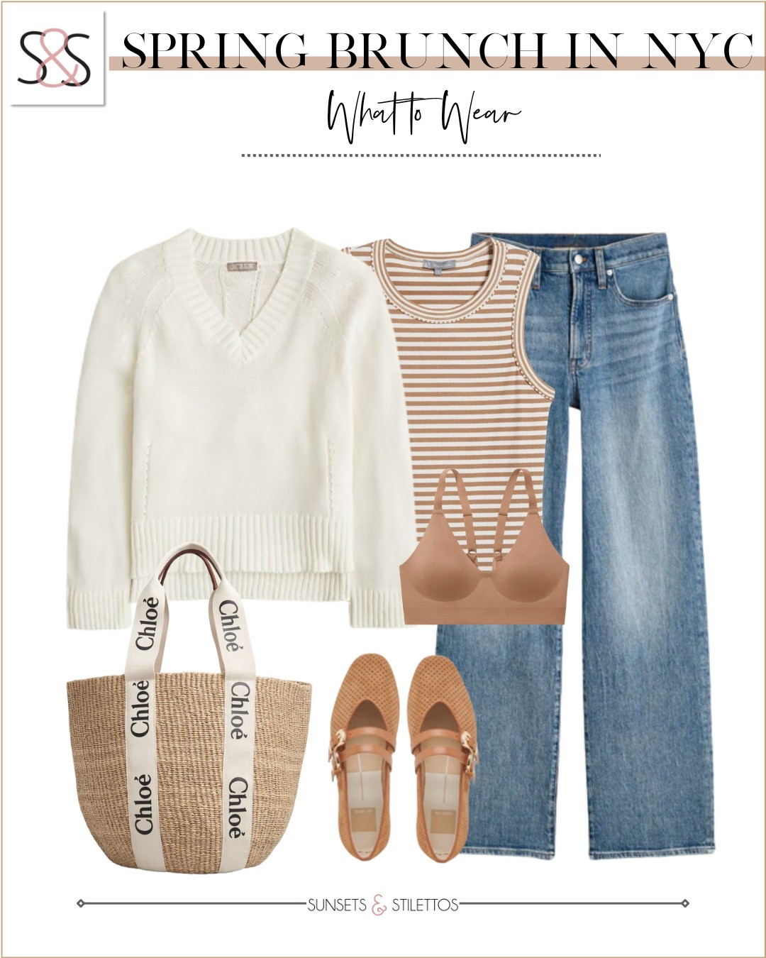 Spring brunch outfit ideas for NYC. Lightweight sweater layered over a striped tank, classic straight-leg jeans, and neutral flats for a polished look. Add a straw Chloé tote for a designer touch and stay comfy with a seamless bra for all day wear.

Sunsets and Stilettos spring outfits 2025, striped tank outfit, Chloe tote bag outfit, neutral spring outfit, casual NYC style

#LTKOver40 #LTKSeasonal #LTKWorkwear