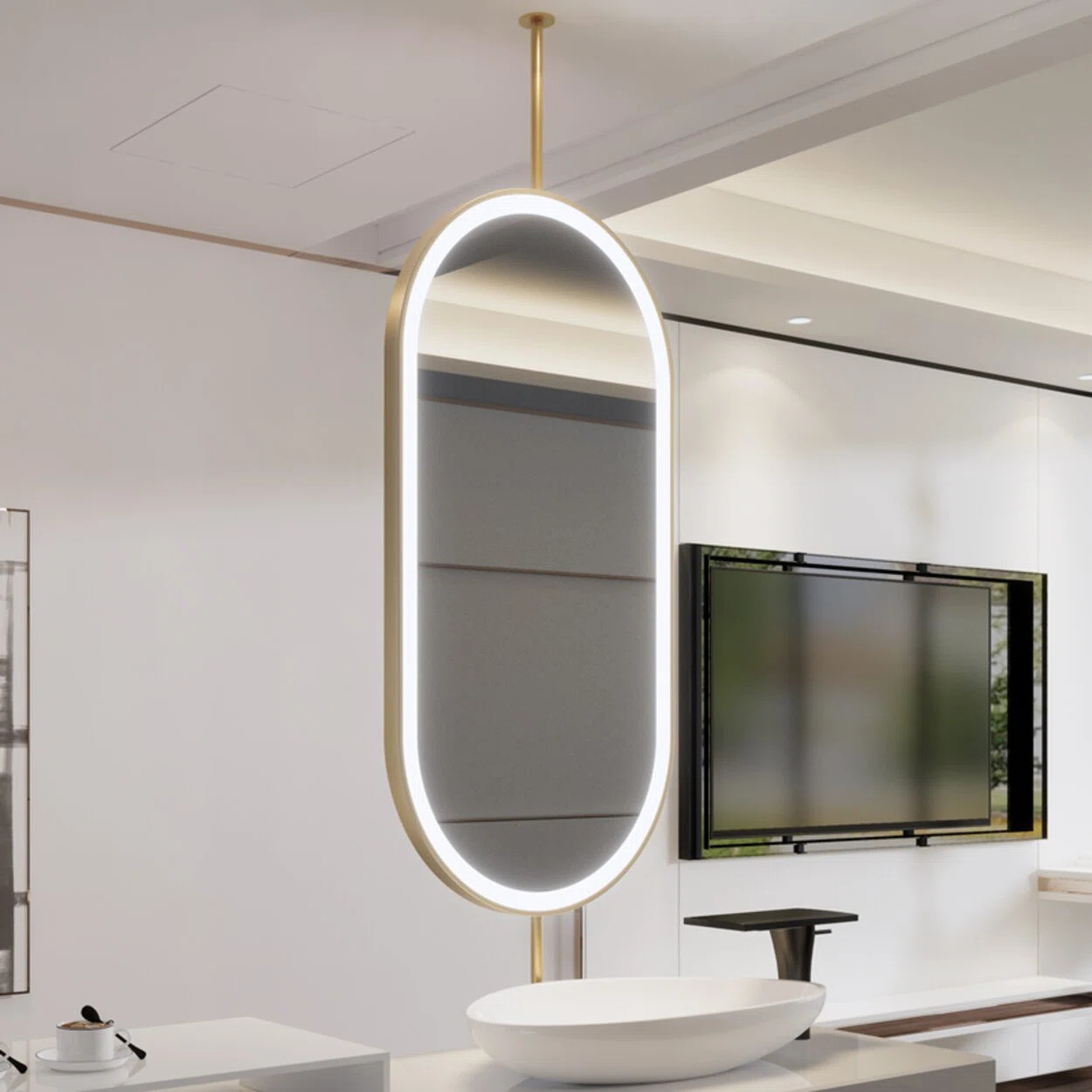 Everly Quinn Easterwood Gold Metal Oval Ceiling Mount LED Mirror | Wayfair | Wayfair North America