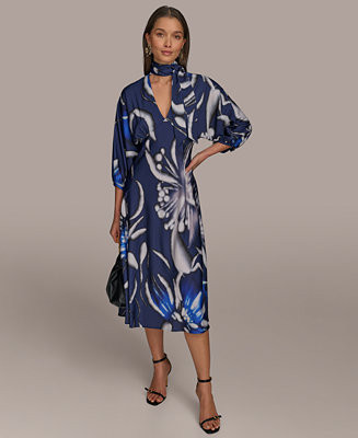 Donna Karan New York Women's Tie-Neck A-Line Midi Dress - Macy's | Macy's