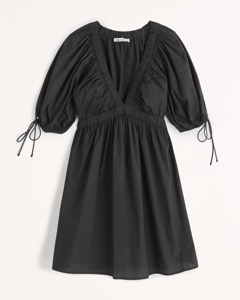 Abercrombie & Fitch Women's Poplin Puff Sleeve Babydoll Mini Dress in Black - Size L PETITE | Abercrombie & Fitch (US)