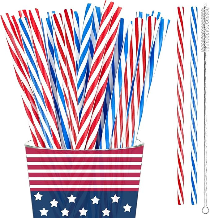 4th-of-July-Patriotic-Party-Decorations-Reusable-Red-White-and-Blue-Striped-Straw,50PCS 9 Inch Pl... | Amazon (US)