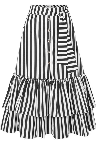 Caroline Constas - Ruffled Striped Cotton-poplin Midi Skirt - Black | NET-A-PORTER (US)