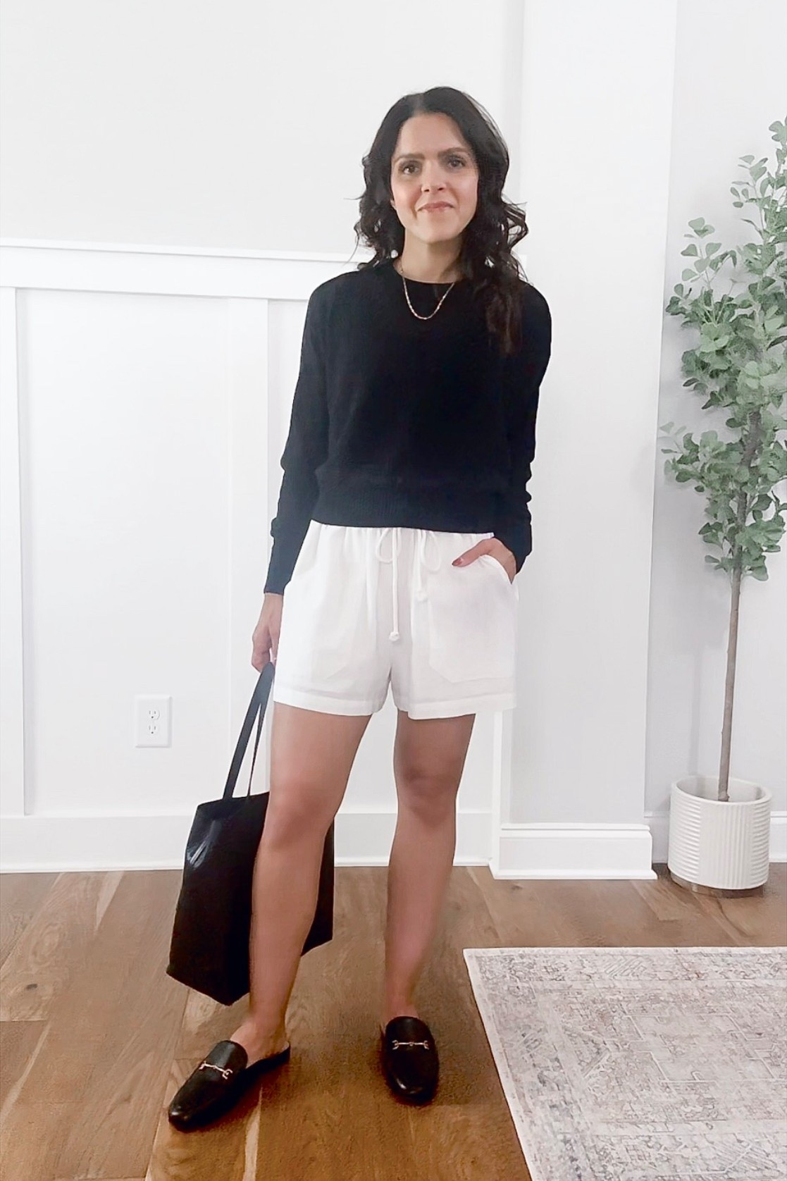 Transitional summer to fall outfit idea: Crewneck sweater, white shorts, black loafer mules, leather tote 

#summertofall #transitionalstyle 

#LTKSeasonal #LTKStyleTip