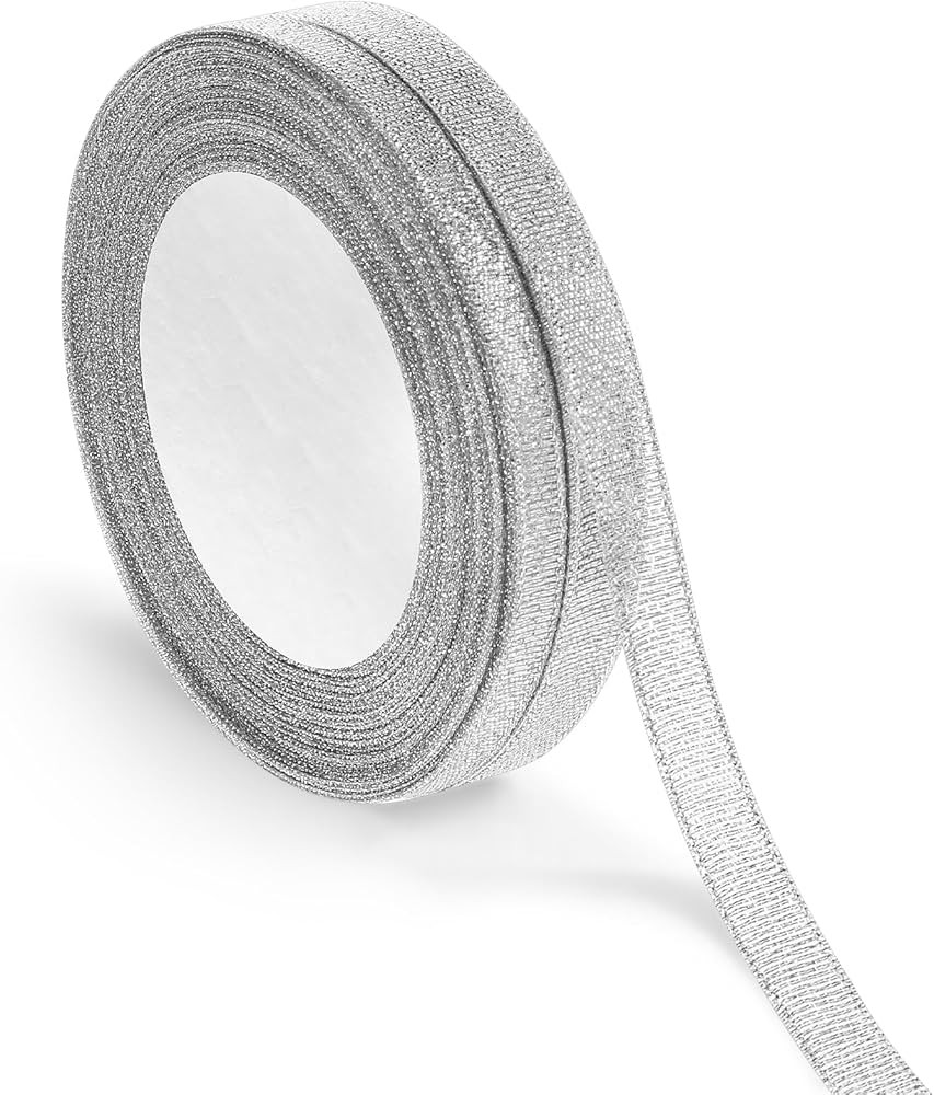 3/8 Inch Silver Glitter Ribbon 50yard (2rolls) Sparkly Metallic Fabric Ribbons Silver Organza Shi... | Amazon (US)