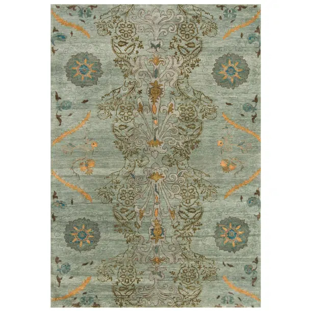 Hand Knotted Wool Floral Area Rug in Blue/Green/Gold | Perigold