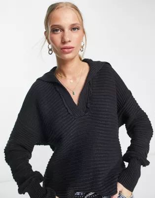 Free People Marlie deep v ribbed sweater in black | ASOS (Global)