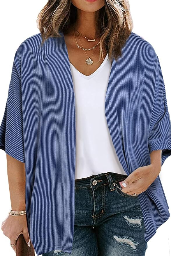 Eytino Women Plus Size Lightweight Cardigan Half Sleeve Ribbed Knit Kimono Cardigans Tops(1X-5X) | Amazon (US)