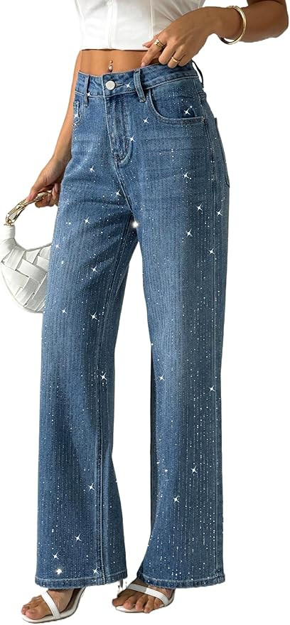 heipeiwa Women's Rhinestone Jeans Wide Leg Denim Pants High Waist Sparkle Shiny Glitter Sequin Tr... | Amazon (US)