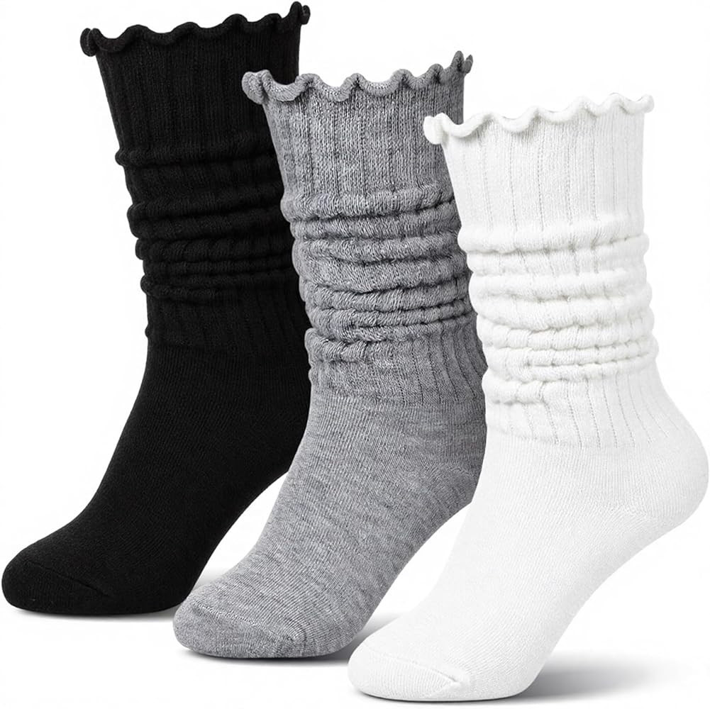 3 Pairs Slouch Crew Socks Women's Ruffle Scrunch Socks Knit Mid Calf Rib Tube Scrunchy Slouchy Re... | Amazon (US)