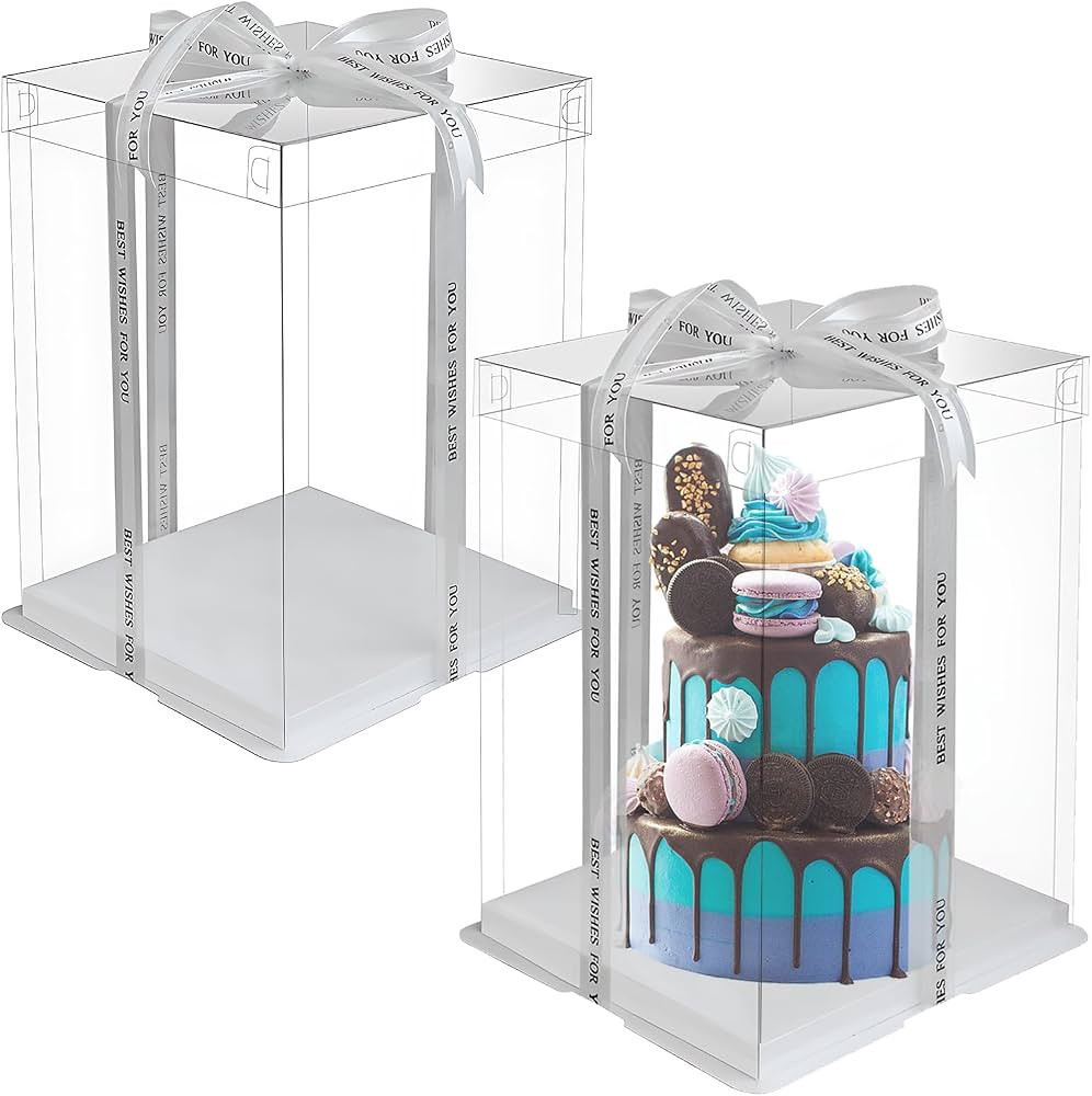 Geelyda Clear Tall Cake Box, 2 PCS 10"x10"x12" Transparent Cake Box with Ribbon, Cake Packaging B... | Amazon (US)