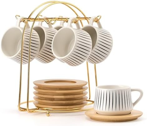LUKA Ceramic Coffee Espresso Cups with Saucers Set with Metal Holder, 4 oz Porcelain Demitasse Cu... | Amazon (US)