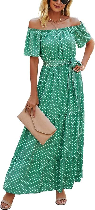 KIRUNDO 2021 Summer Women’s Off Shoulder Maxi Dress Polka Dots Short Sleeves High Waist Pleated... | Amazon (US)