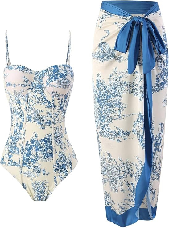 WDIRARA Women's Two Piece Swimsuit Floral One Piece with Wrap Cover Up Skirt Bathing Suit | Amazon (US)
