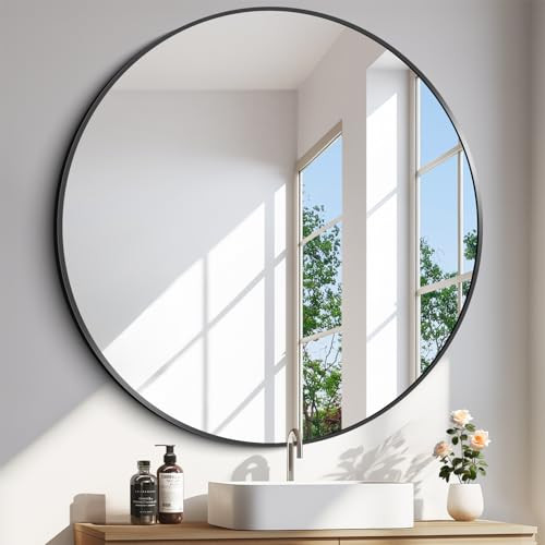 CIVENO Black Round Mirror 39 inch Large Circle Mirror, Aluminum Alloy Metal Frame Bathroom Mirror, Round Wall Mirror, Circle Mirrors for Wall Entryway Bedroom Living Room | Amazon (US)