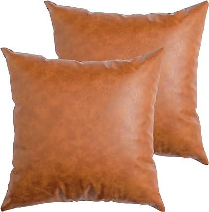 Set of 2 Faux Leather Throw Pillow Covers, Modern Brown Outdoor Cushion Covers Decorative Pillowc... | Amazon (US)