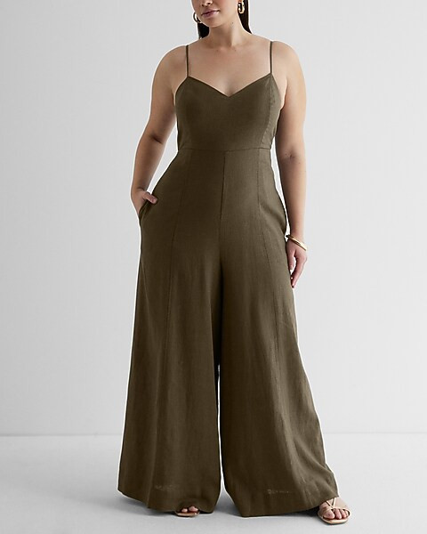 Linen-Blend V-Neck Wide Leg Jumpsuit | Express