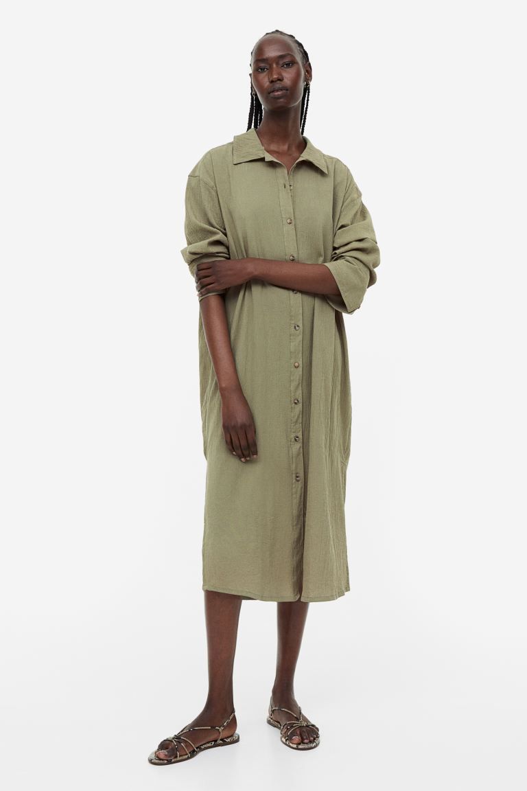Crêped Shirt Dress - Khaki green - Ladies | H&M US | H&M (US + CA)