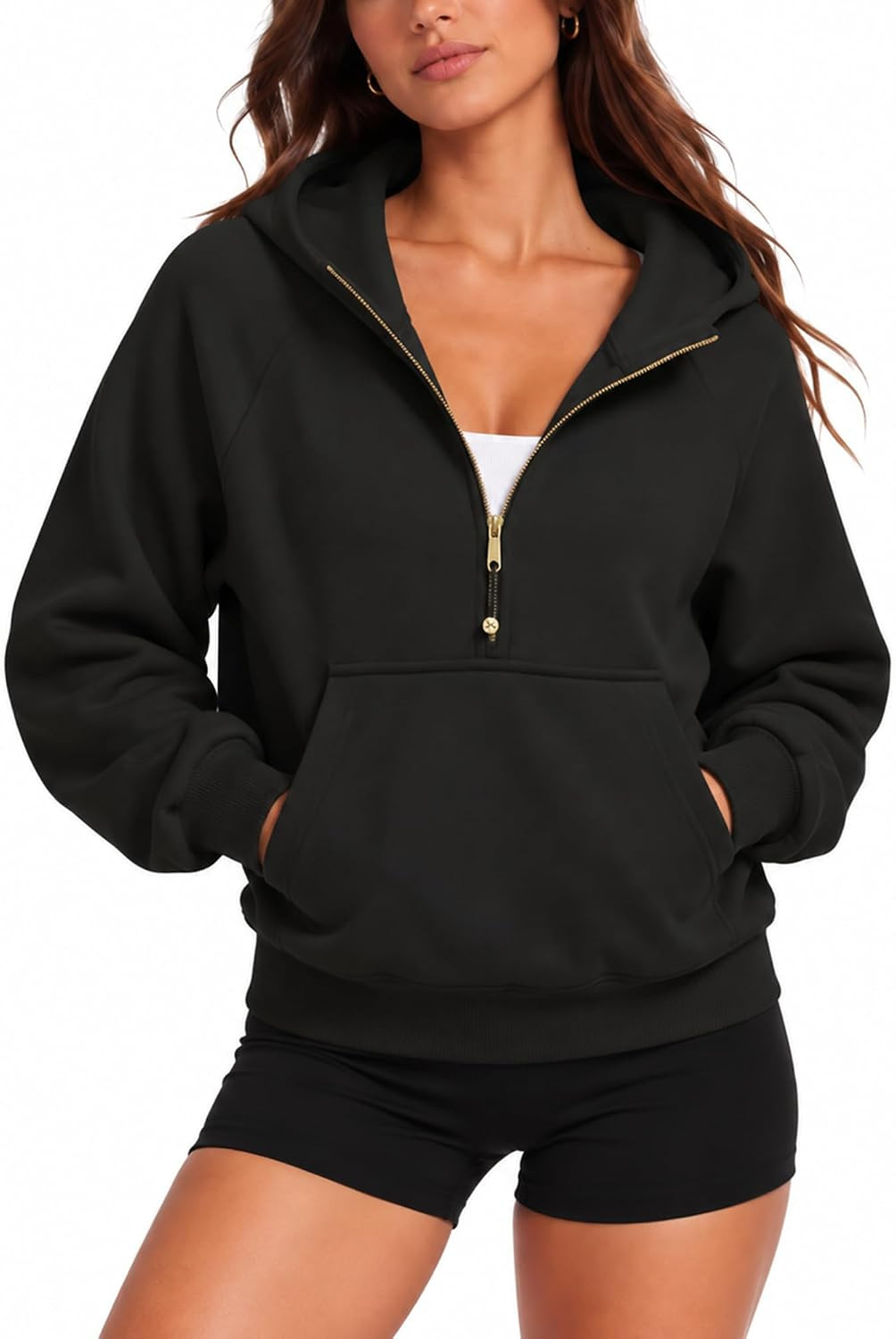 SUUKSESS Women Gold Half Zip up Cotton Hoodies Casual Pullover Sweatshirt | Amazon (US)
