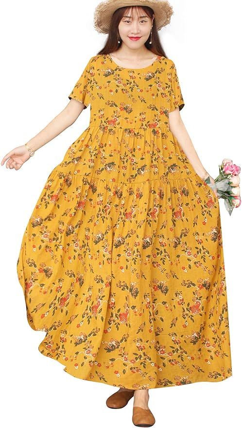 YESNO Women Casual Loose Bohemian Short Sleeve Floral Dress Long Maxi Summer Beach Swing Dress wi... | Amazon (CA)