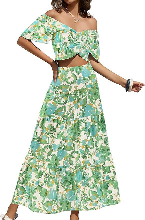 DRESSTELLS Women's 2 Piece Skirt Set, Floral Skirt Set Outfits Suit, Top & Long Skirts, Casual Bo... | Amazon (US)