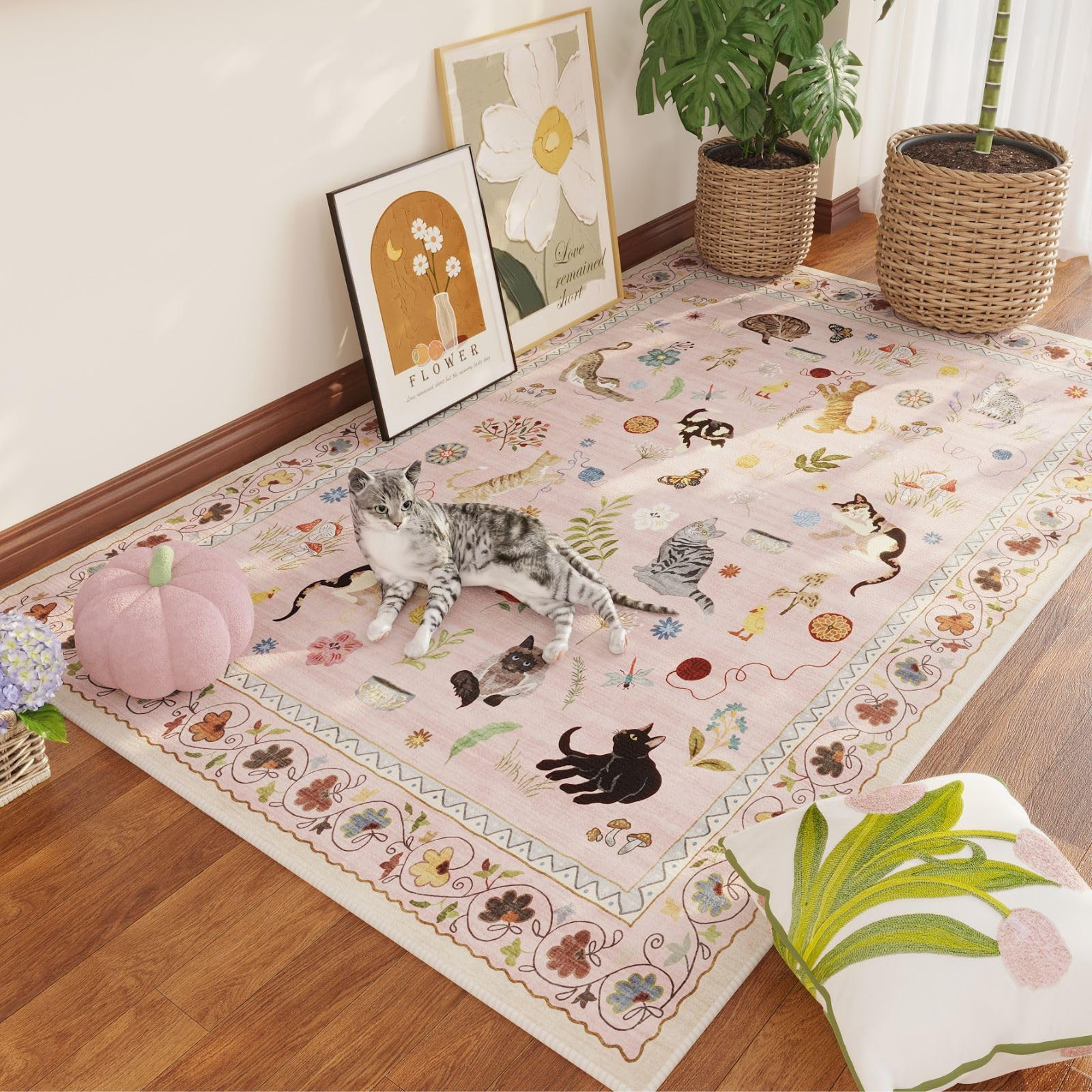 Rugcomf Area Rug 4x6 Rug Washable Boho Rugs Non Slip Low Pile Floral Animal Cat Small Carpet for ... | Amazon (US)