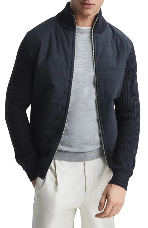Reiss Trainer Quilted & Ribbed Hybrid Jacket in Navy at Nordstrom, Size X-Large | Nordstrom