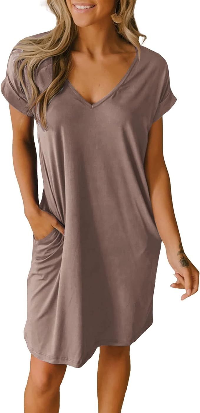 BTFBM Women V-Neck Short Sleeve Summer Dresses 2024 Spring Casual Loose T-Shirt Tunic Short Dress... | Amazon (US)