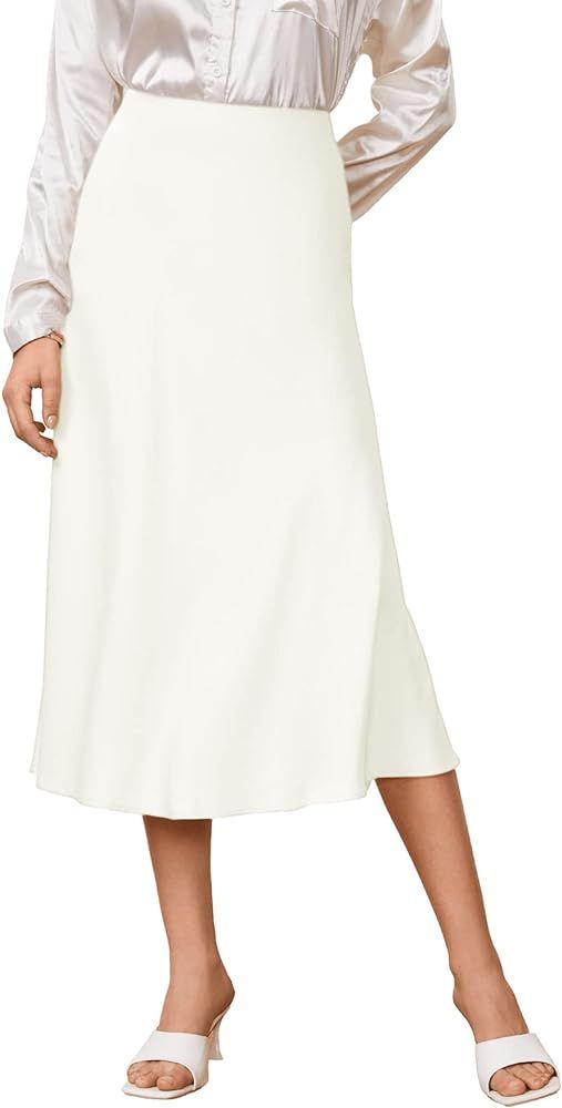 SheIn Women's High Waist A Line Skirts Solid Zipper Up Flared Midi Skirt | Amazon (US)